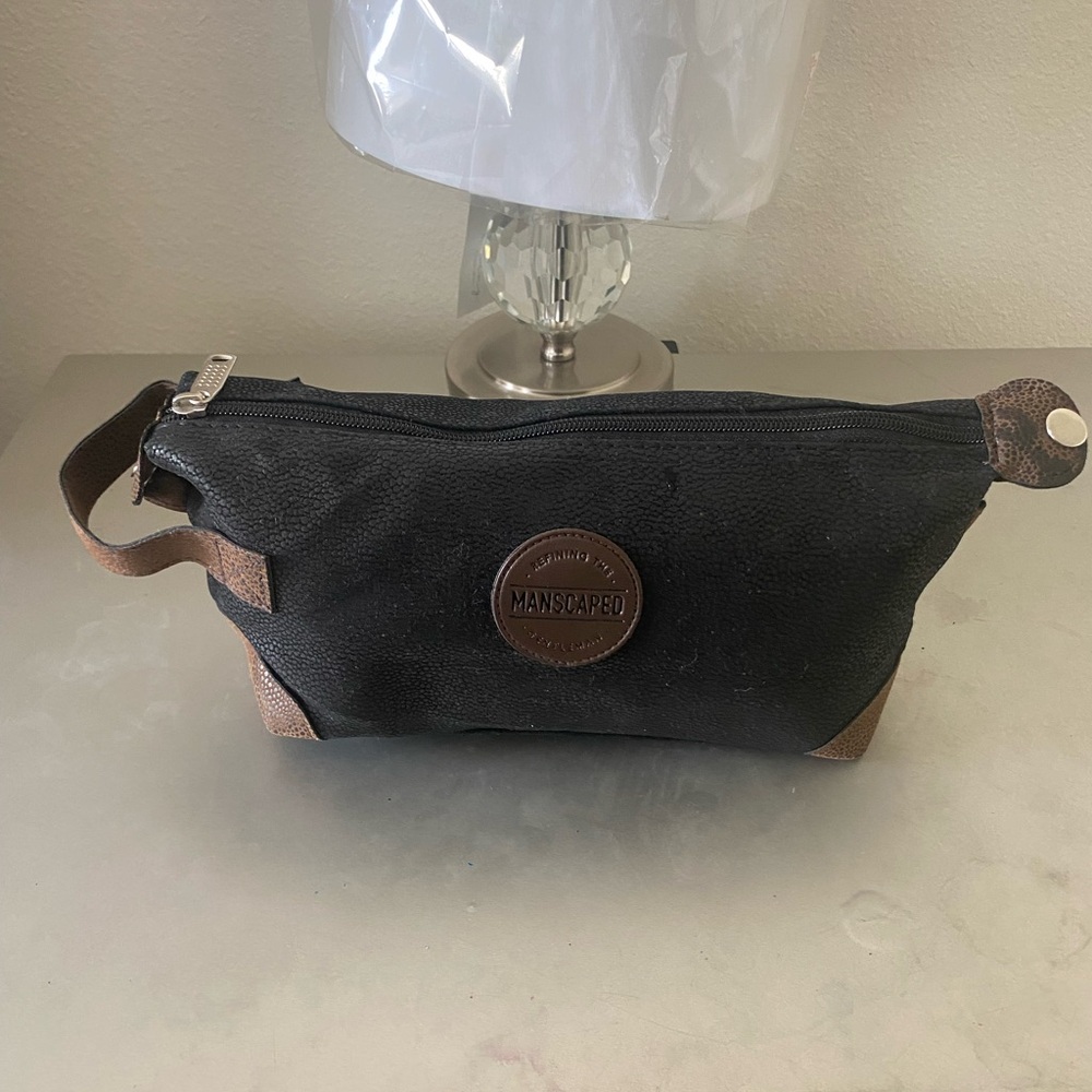 Black and Brown Toiletry Bag with Leather Accents